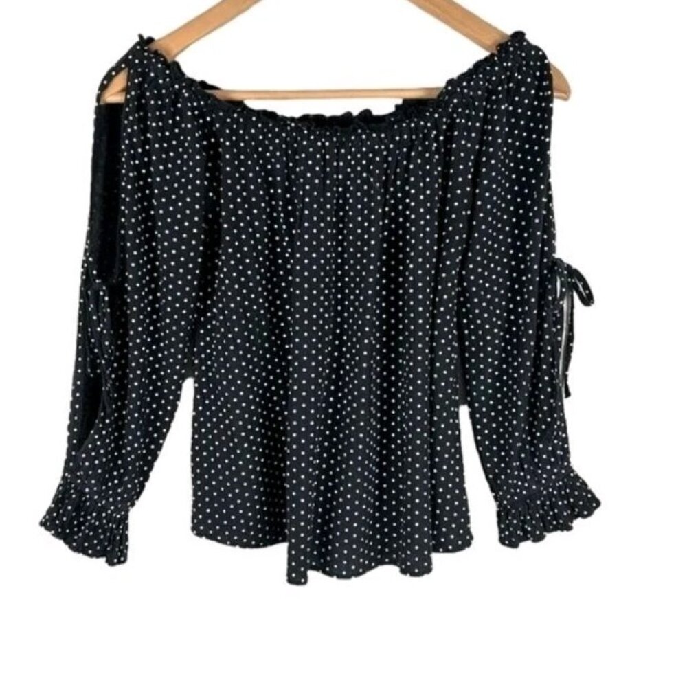 American Eagle Off Shoulder Top S Black White Polka Dot Long Sleeve Viscose